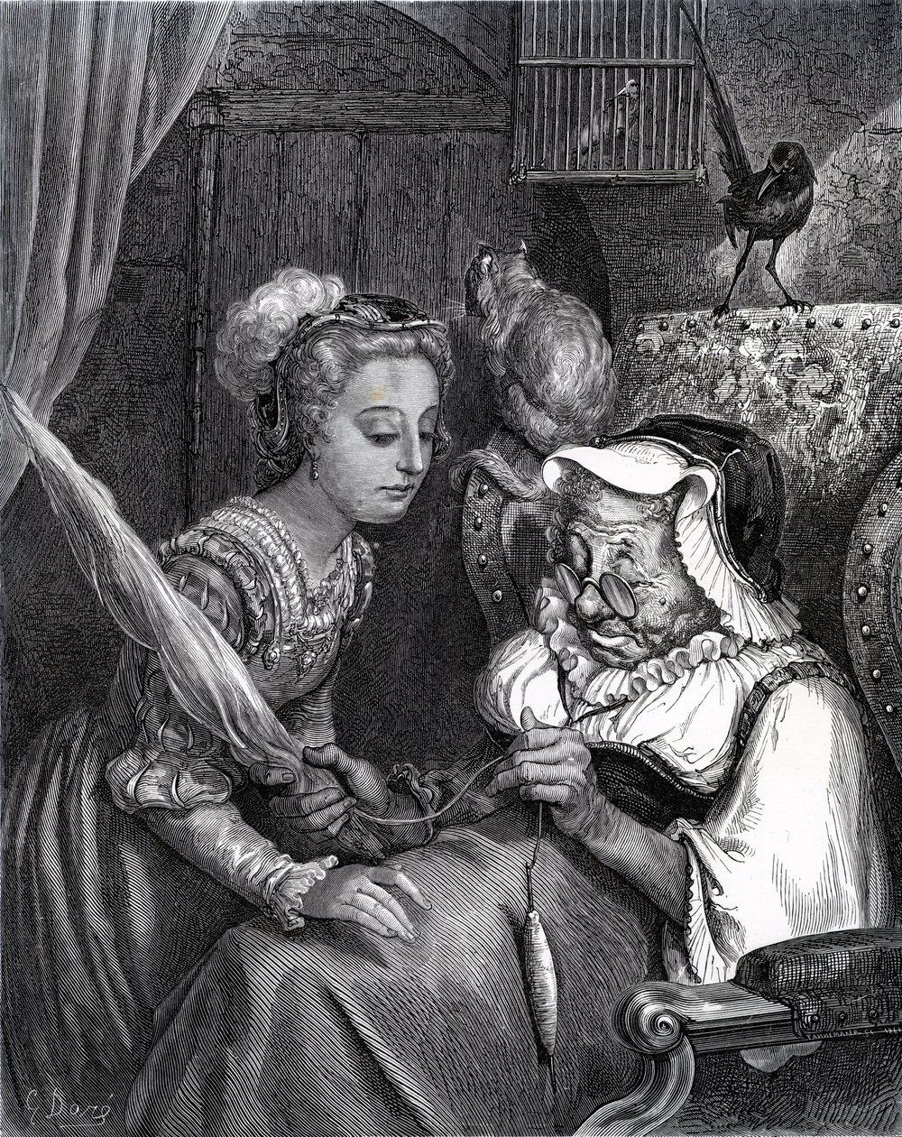 Tornerose: Princess and Fairy Spite i turret. av Gustave Dore