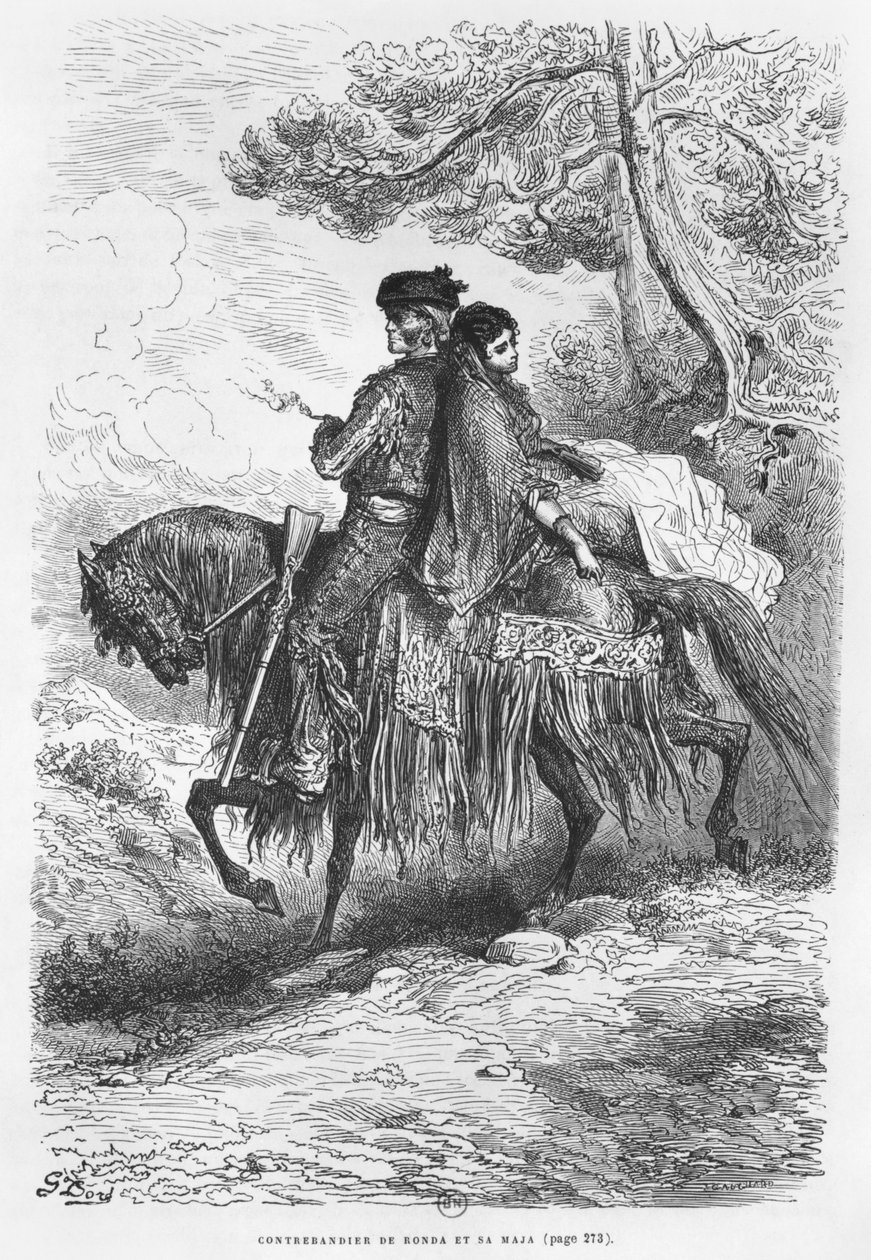 Spansk Contrabandista av Ronda og hans Maja, gravert av Felix Jean Gauchard (1825-72) av Gustave Dore