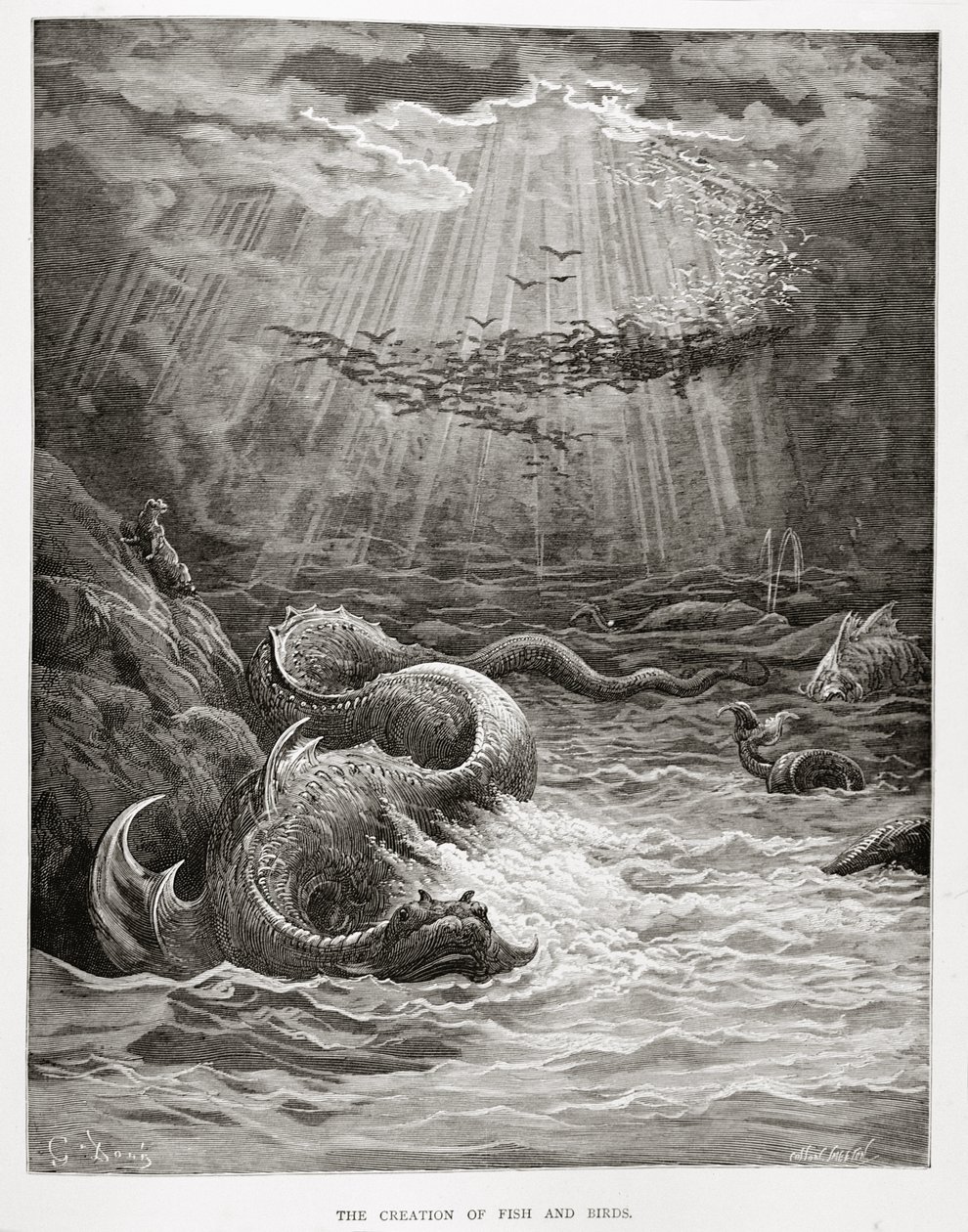 The Creation of Fish and Birds, from Paradise Lost av John Milton (1608-74) gravert av Collon Smeeton, ca. 1868 av Gustave Dore