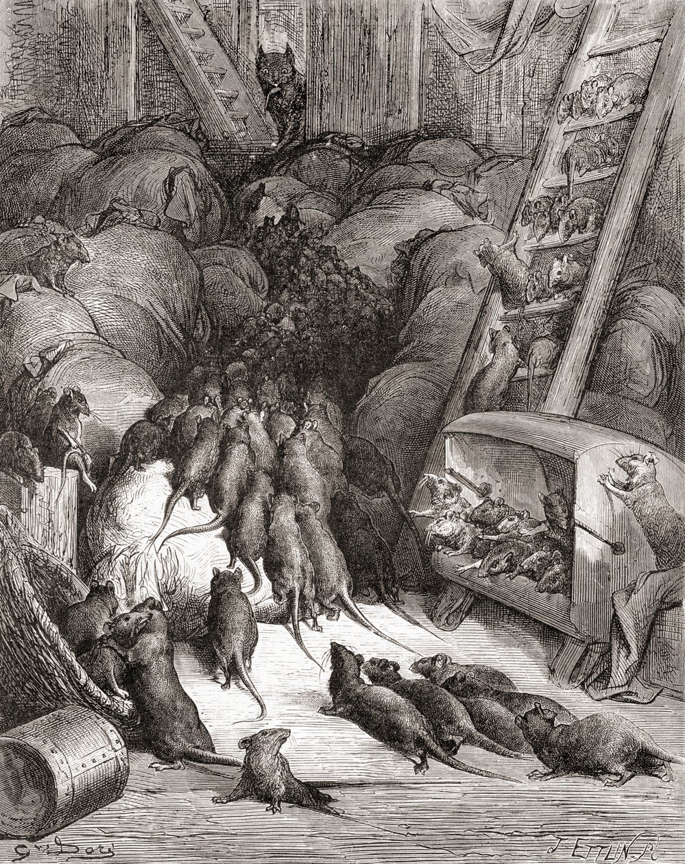 The League of the Rats, fra en utgave av slutten av 1800-tallet av Fables de La Fontaine (tregravering) av Gustave Dore