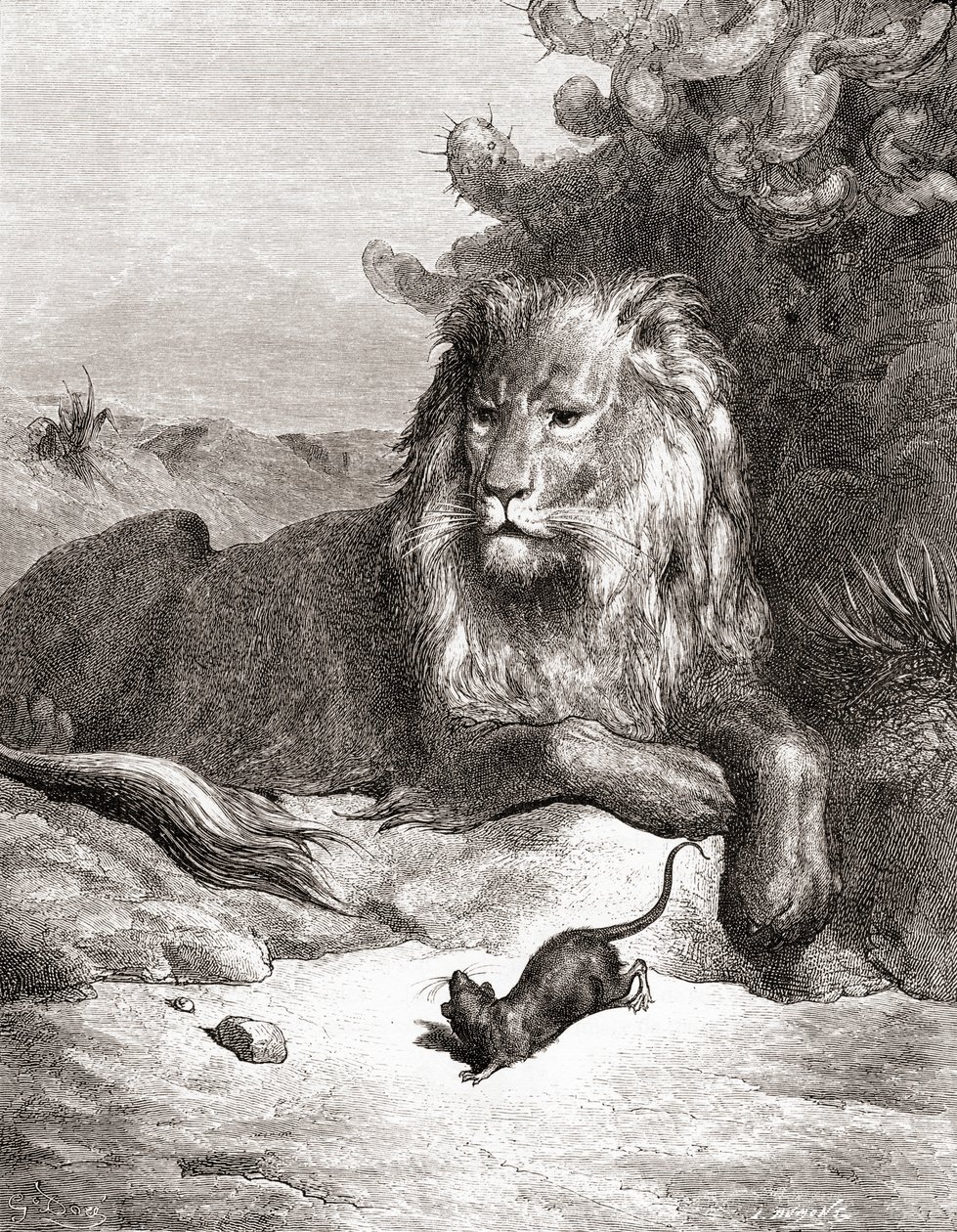 The Lion and the Mouse, fra en utgave av slutten av 1800-tallet av Fables de La Fontaine (tregravering) av Gustave Dore