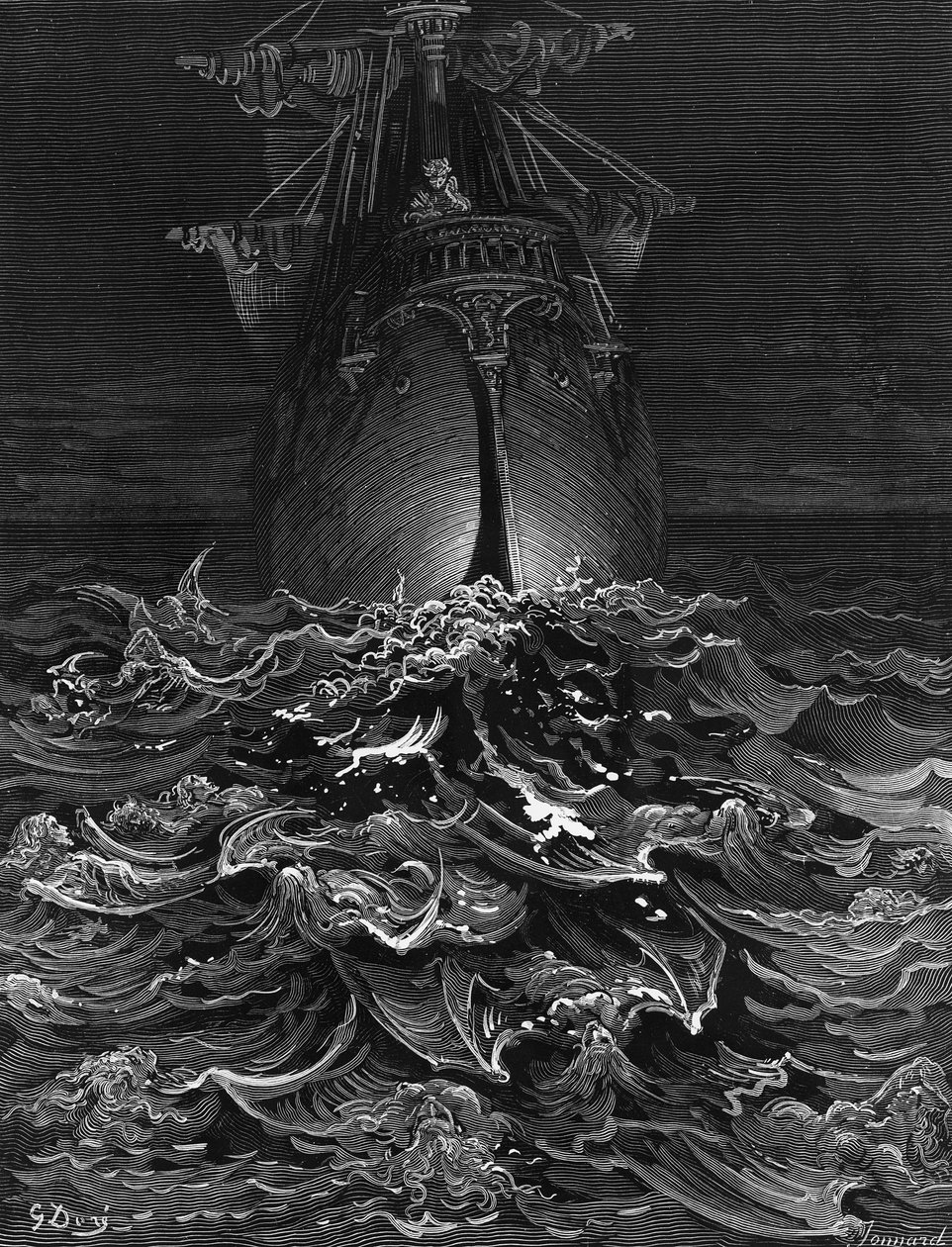 The Mariner stirrer på havet og beklager hans overlevelse mens alle hans medsjømenn har dødd, scene fra "The Rime of the Ancient Mariner" av S.T. Coleridge, utgitt av Harper und Brothers, New York av Gustave Dore