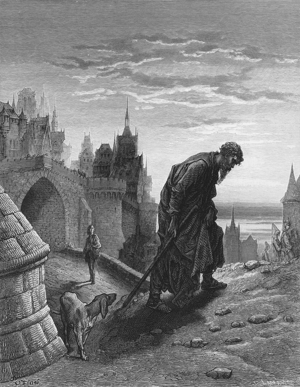 Sjøfareren, etter å ha fullført historien sin, snur seg for å gå, mens lytteren hans, bryllupsgjesten stirrer på ham i undring og tristhet, scene fra 