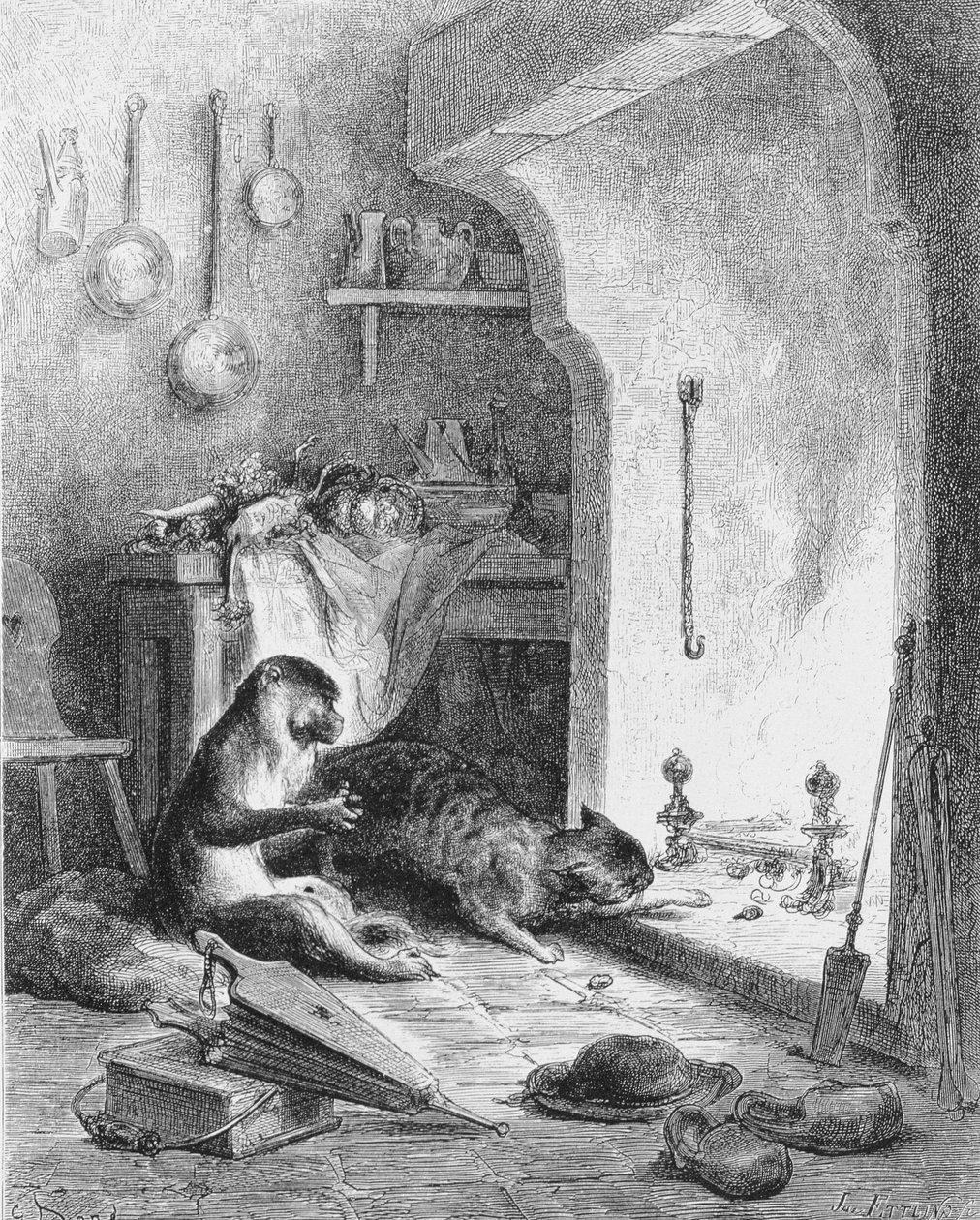 Apen og katten, 1868 av Gustave Dore