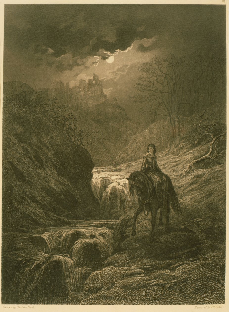 The Moonlight Ride, illustrasjon fra 'Idylls of the King' av Alfred Tennyson, 1868 av Gustave Dore