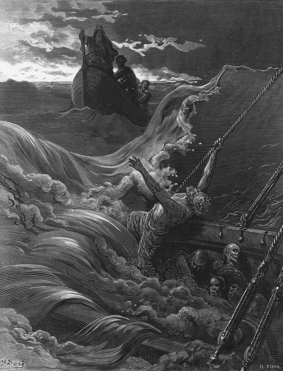 Sjømannen, mens skipet hans synker, ser båten med eremitten og piloten, scene fra 