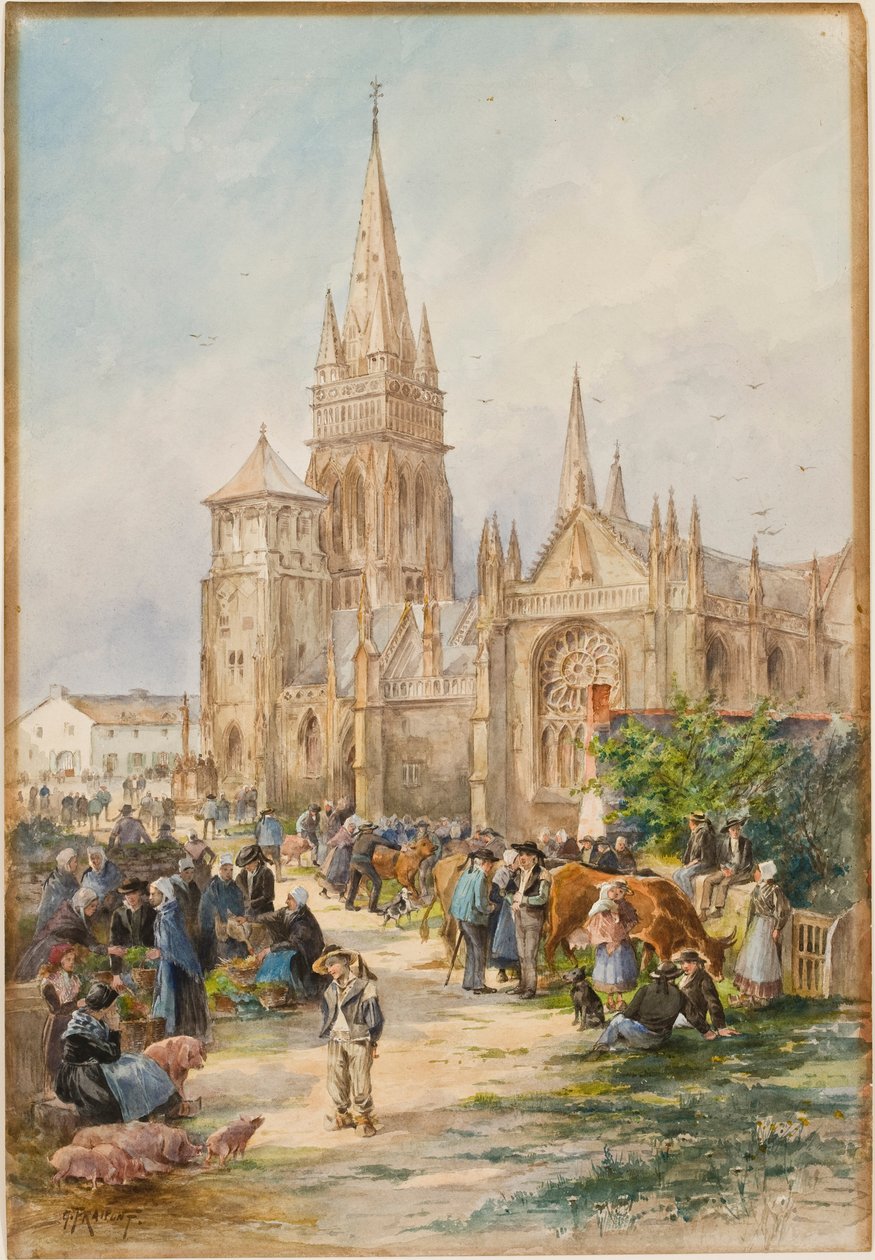 Markedsscene på Le Folgoet, Bretagne (wc på papir) av Gustave Fraipont