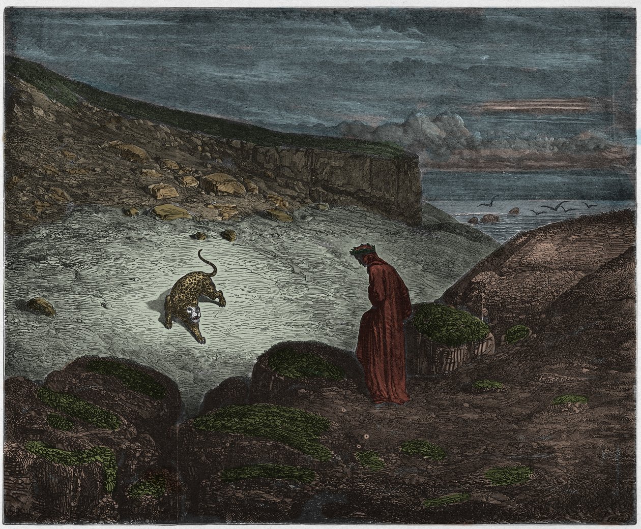 Inferno, Canto 1: Panteren ved begynnelsen av oppstigningen, illustrasjon fra The Divine Comedy av Dante Alighieri, 1885 (digitalt farget gravering) av Gustave after Dore