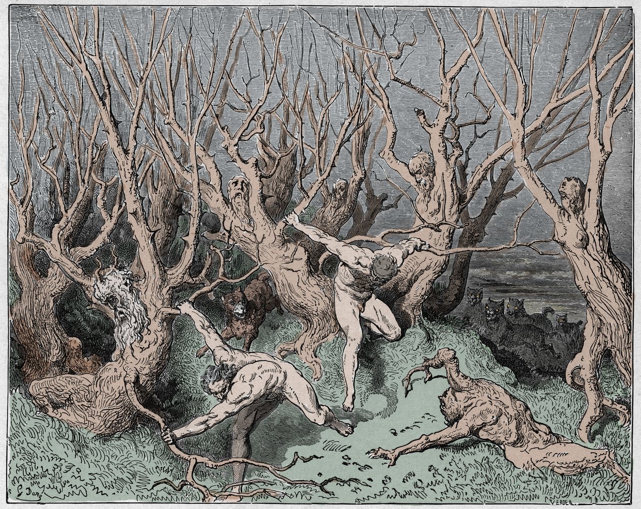 Inferno, Canto 13: Selvmordene flykter fra skogen, illustrasjon fra The Divine Comedy av Dante Alighieri, 1885 (digitalt farget gravering) av Gustave after Dore