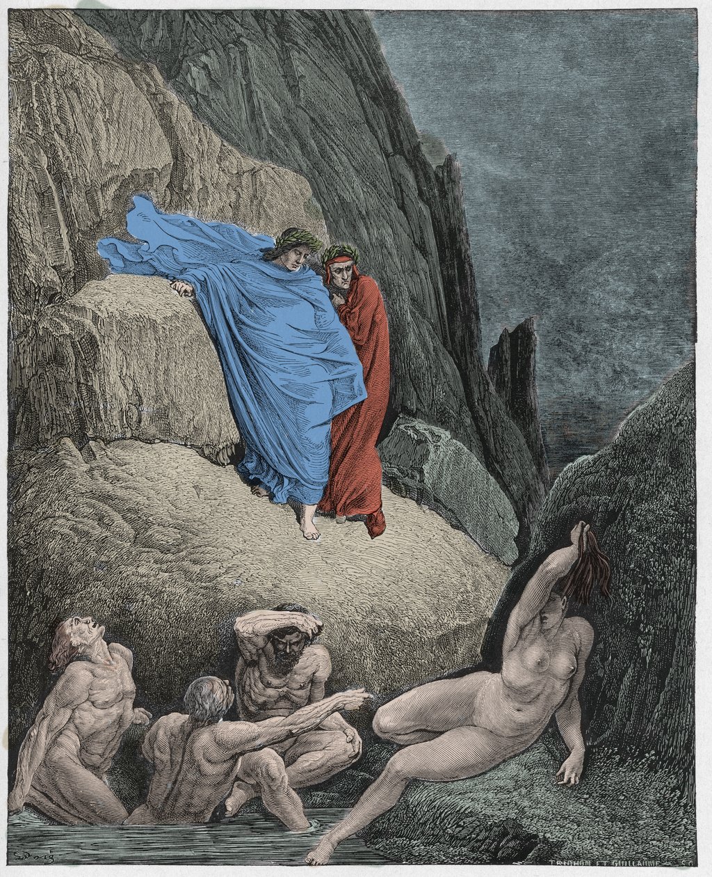 Inferno, Canto 18: Virgil viser Dante skyggen av thaier, illustrasjon fra The Divine Comedy av Dante Alighieri, 1885 (digitalt farget gravering) av Gustave after Dore