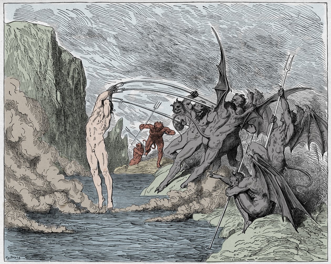 Inferno, Canto 21: Djevler plager barratorene, illustrasjon fra The Divine Comedy av Dante Alighieri, 1885 (digitalt farget gravering) av Gustave after Dore