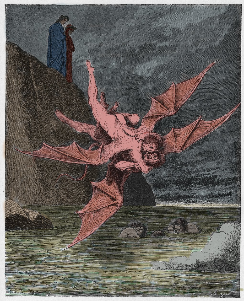 Inferno, Canto 22: Alichino og Calcabrina griper over banen, illustrasjon fra The Divine Comedy av Dante Alighieri, 1885 (digitalt farget gravering) av Gustave after Dore