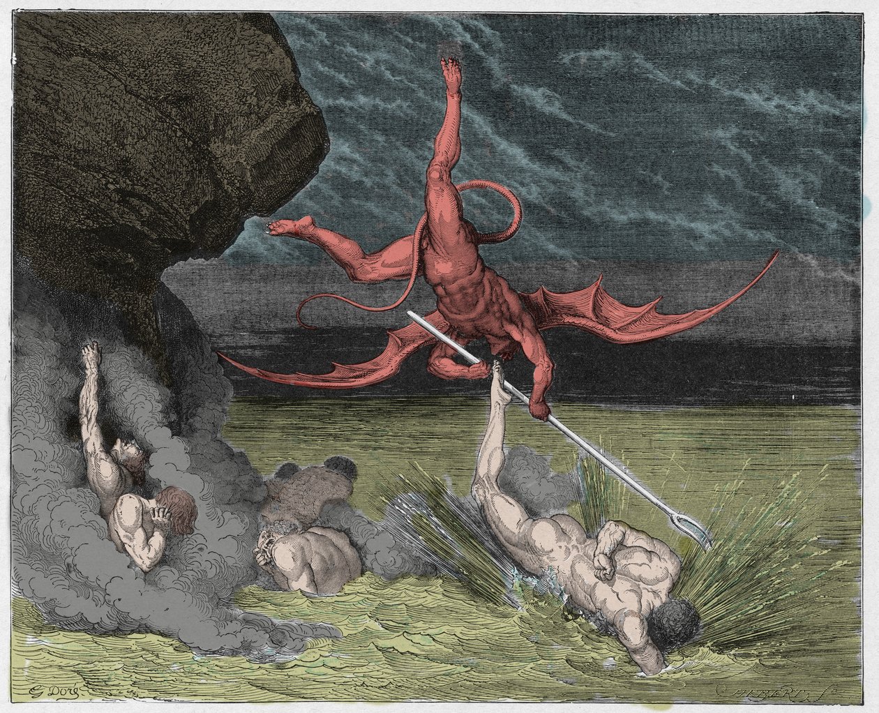 Inferno, Canto 22 : Ciampolo slipper unna demonen Alichino i den femte bolgia, illustrasjon fra The Divine Comedy av Dante Alighieri, 1885 (digitalt farget gravering) av Gustave after Dore