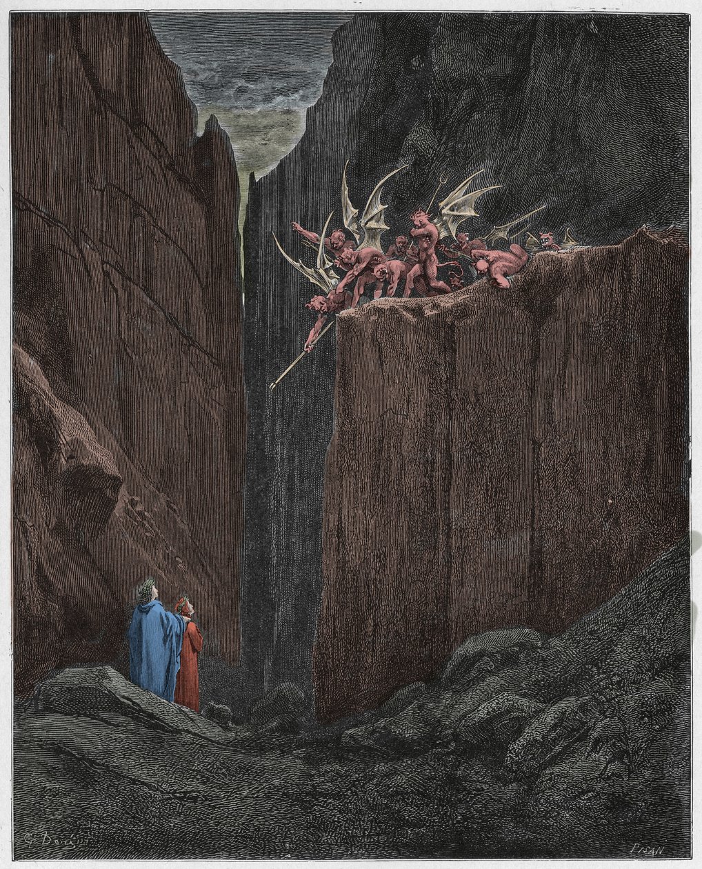 Inferno, Canto 23 : Poetene unnslipper demonene i den femte bolgia, illustrasjon fra The Divine Comedy av Dante Alighieri, 1885 (digitalt farget gravering) av Gustave after Dore
