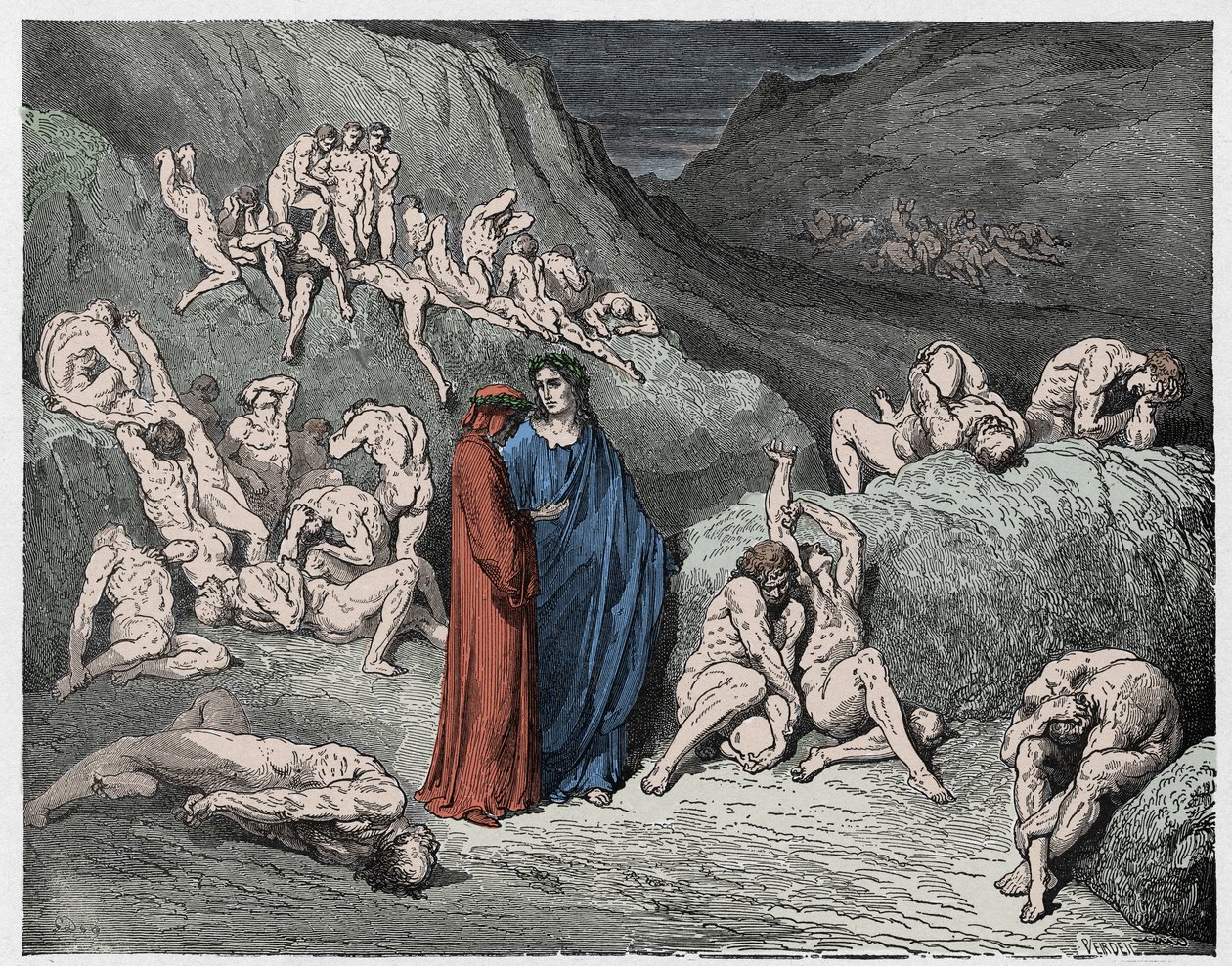 Inferno, Canto 29 : Forfalskerne og forfalskerne plaget av kløe, illustrasjon fra The Divine Comedy av Dante Alighieri, 1885 (digitalt farget gravering) av Gustave after Dore