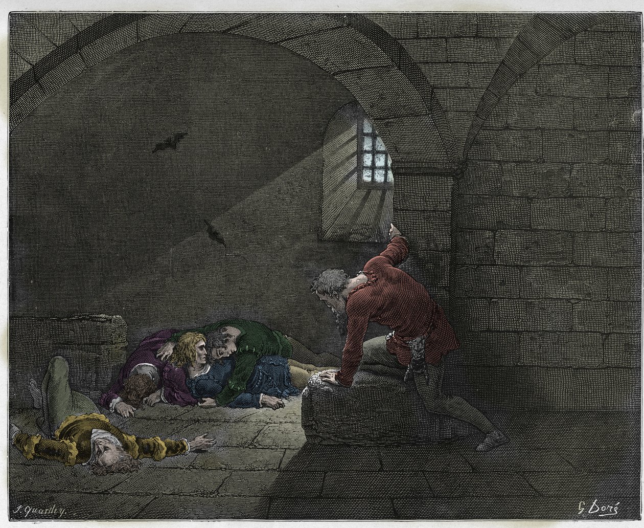 Inferno, Canto 33: Ugolino (Ugolin della Gherardesca) i cellen med sine fire døde sønner, illustrasjon fra The Divine Comedy av Dante Alighieri, 1885 (digitalt farget gravering) av Gustave after Dore