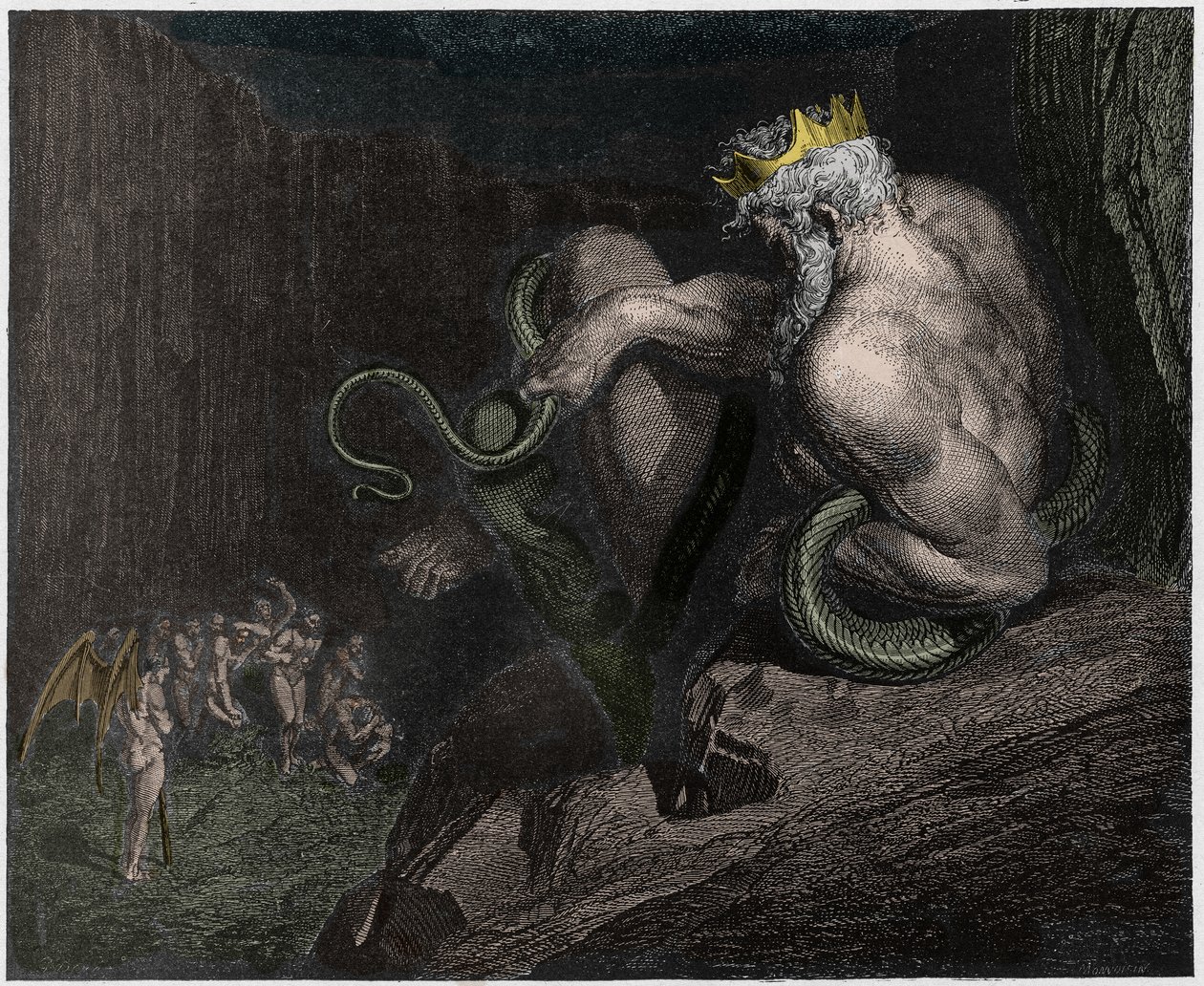 Inferno, Canto 5: Minos dømmer overtredelsene og sender ut sjelene, illustrasjon fra The Divine Comedy av Dante Alighieri, 1885 (digitalt farget gravering) av Gustave after Dore