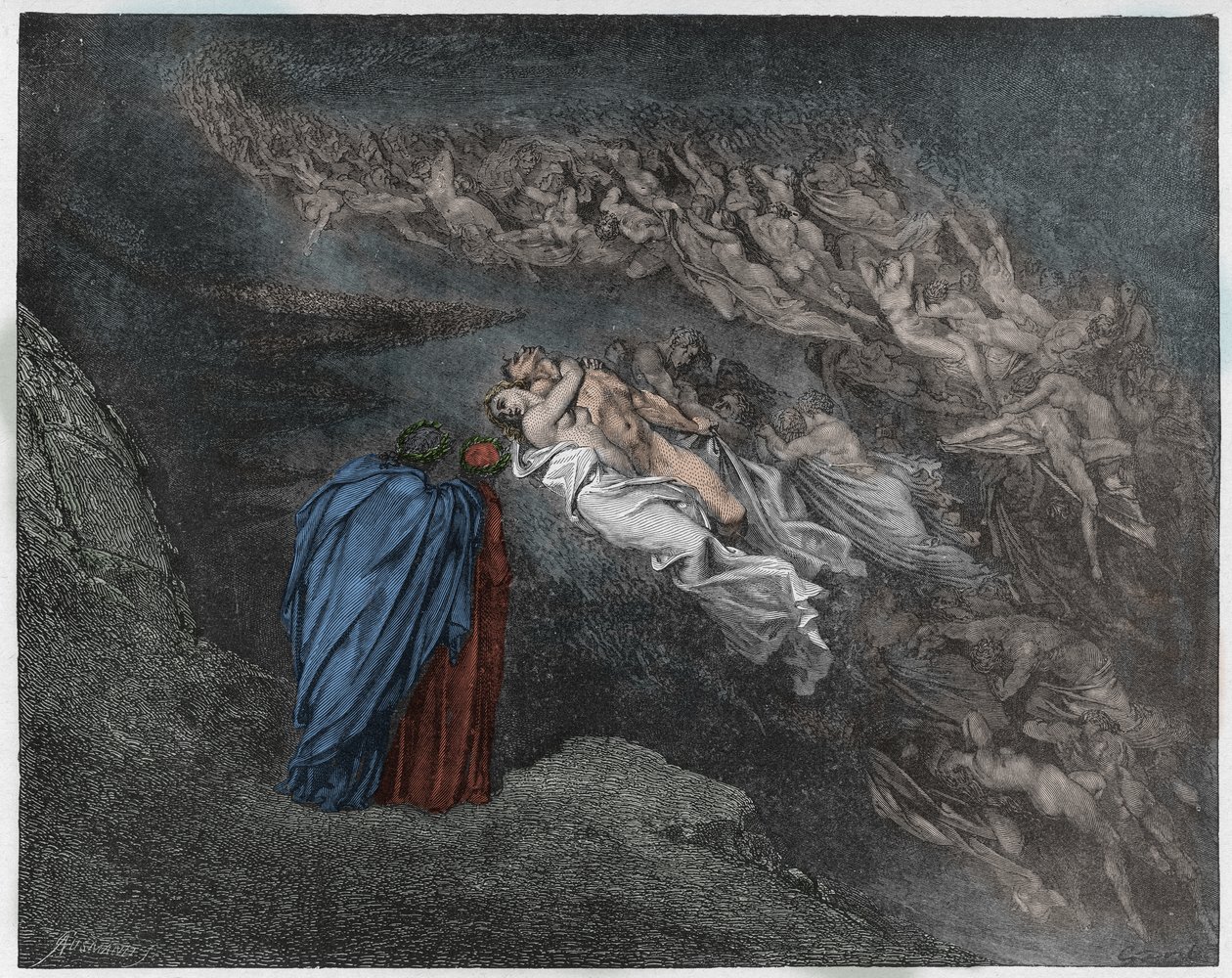 Inferno, Canto 5: Francesca Da Riminis sjel snakker til Dante, illustrasjon fra The Divine Comedy av Dante Alighieri, 1885 (digitalt farget gravering) av Gustave after Dore
