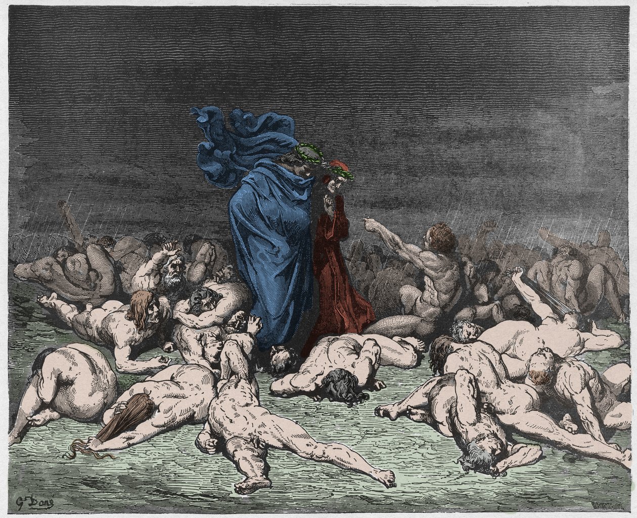 Inferno, Canto 6 : De fråtsende slått av evig regn, illustrasjon fra The Divine Comedy av Dante Alighieri, 1885 (digitalt farget gravering) av Gustave after Dore