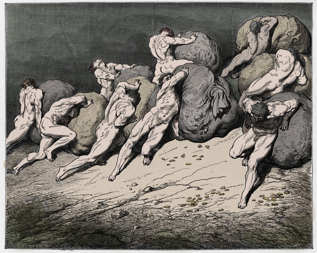Inferno, Canto 7: De grådiges og de fortaptes sjeler tvunget til å rulle tunge steiner, illustrasjon fra The Divine Comedy av Dante Alighieri, 1885 (digitalt farget gravering) av Gustave after Dore