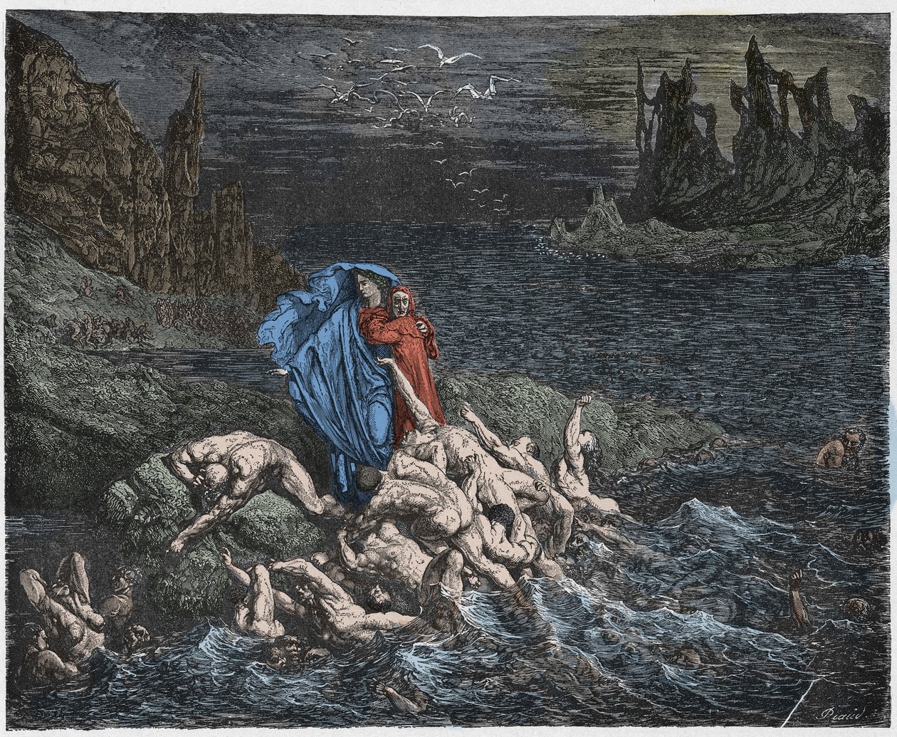 Inferno, Canto 7 : Virgil viser Dante sjelene til de vrede i Styx, illustrasjon fra The Divine Comedy av Dante Alighieri, 1885 (digitalt farget gravering) av Gustave after Dore