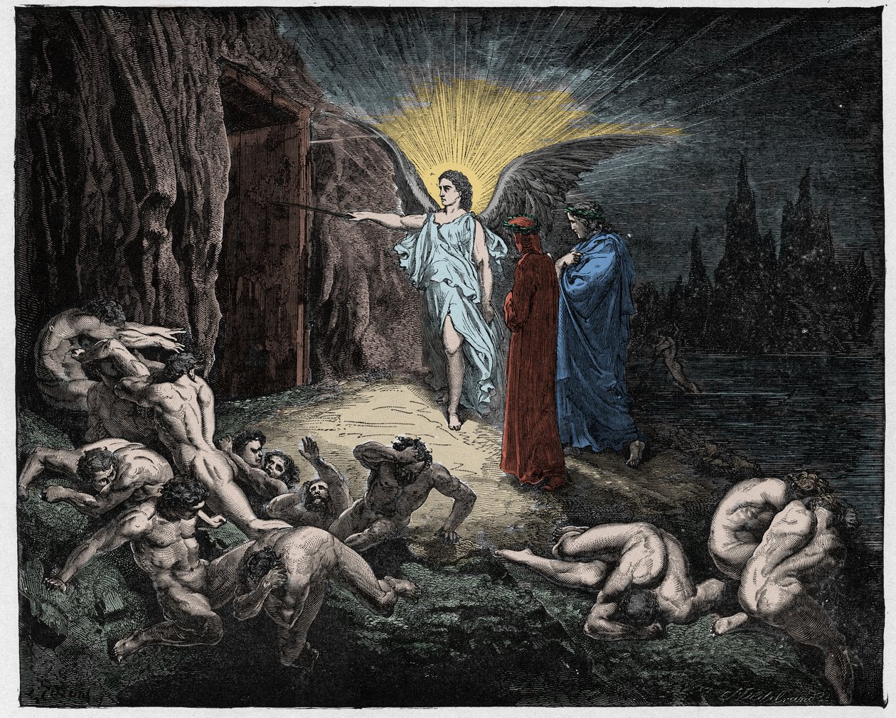 Inferno, Canto 9: Engelen åpner portene, illustrasjon fra The Divine Comedy av Dante Alighieri, 1885 (digitalt farget gravering) av Gustave after Dore