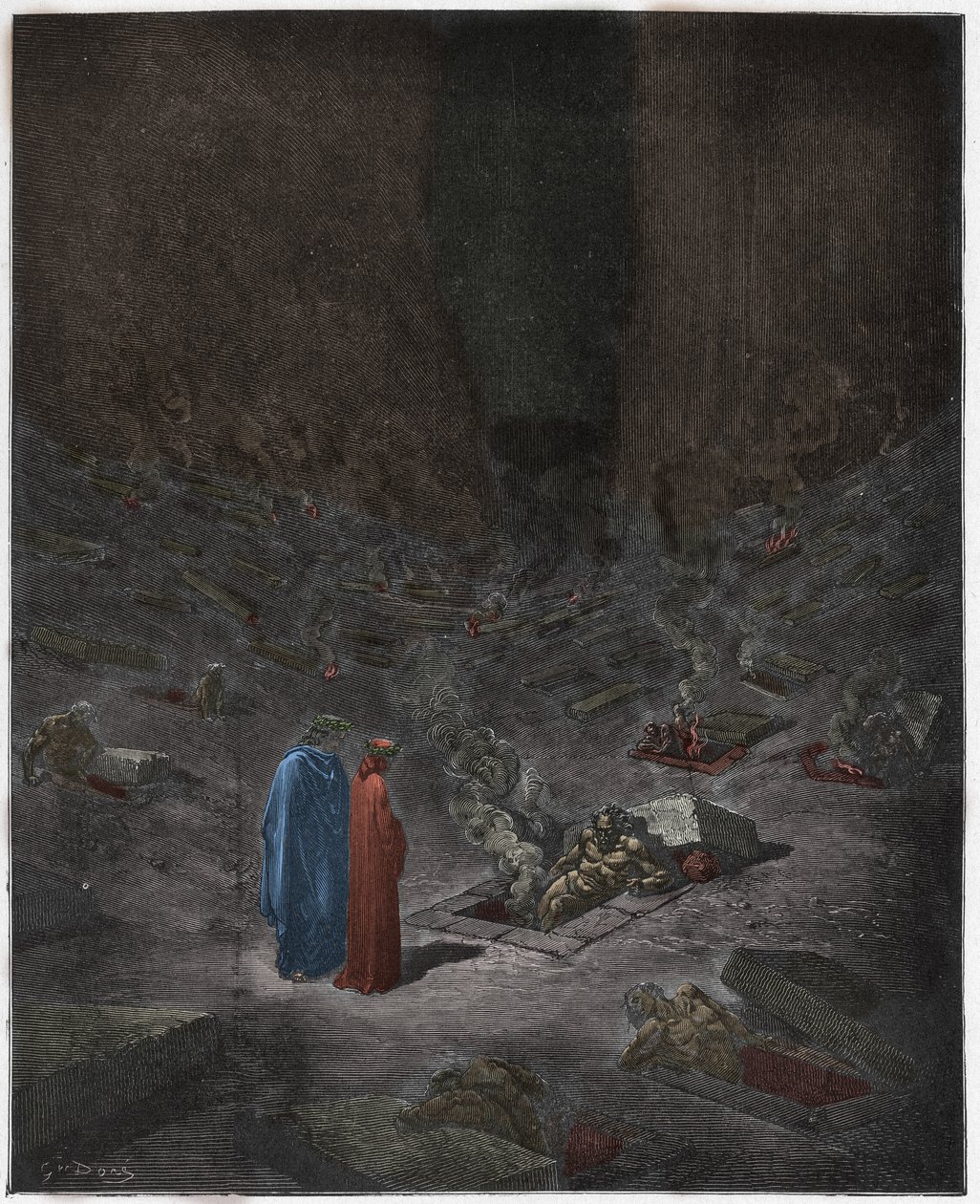 Inferno, Canto 9: Kjetternes brennende graver, illustrasjon fra The Divine Comedy av Dante Alighieri, 1885 (digitalt farget gravering) av Gustave after Dore