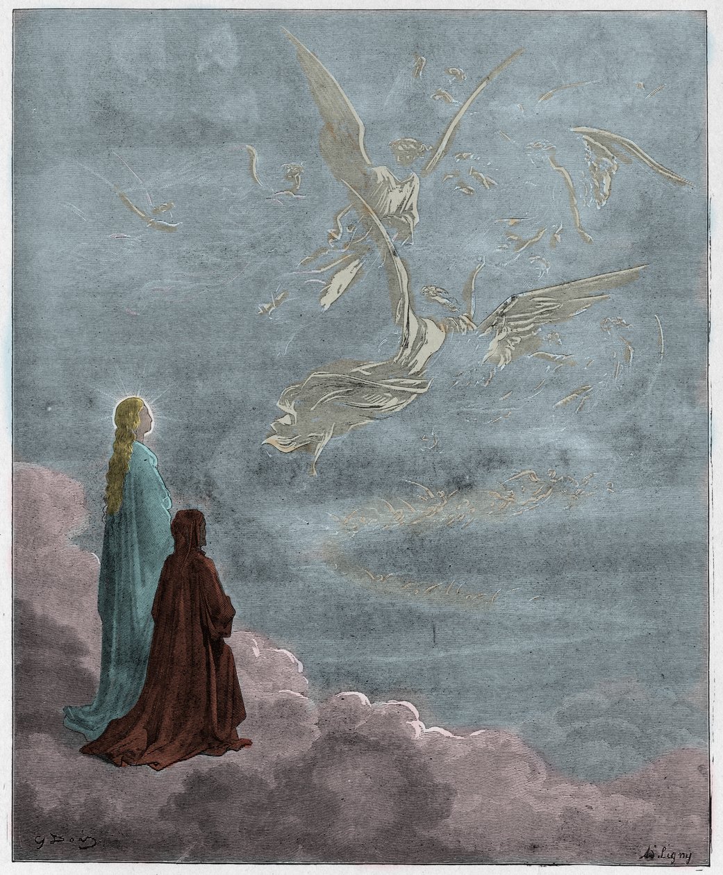 Paradiso, Canto 18: Dante og Beatrice oversatt til Jupiters sfære, illustrasjon fra The Divine Comedy av Dante Alighieri, 1885 (digitalt farget gravering) av Gustave after Dore