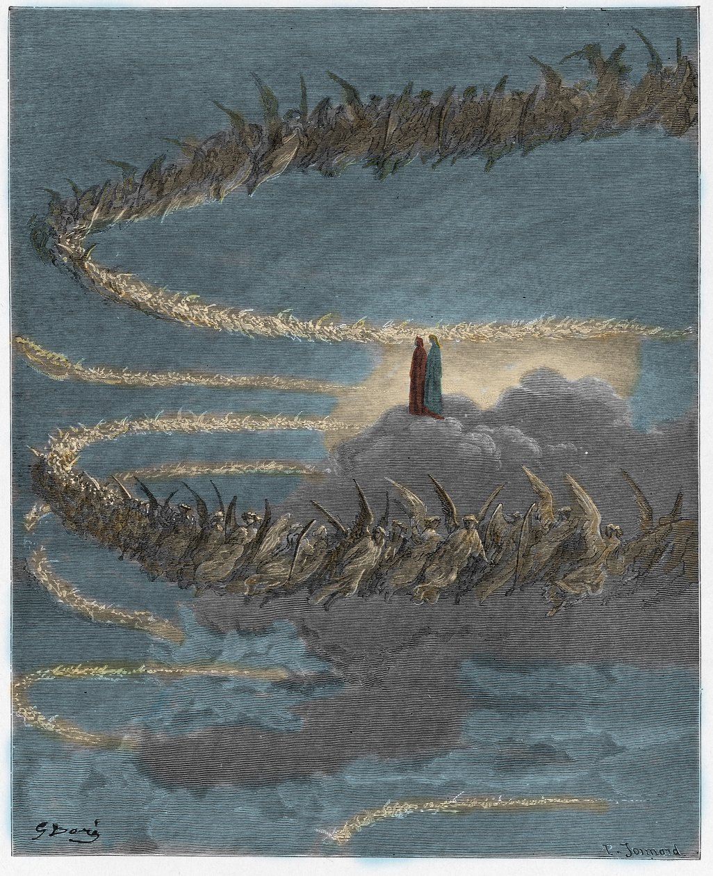 Paradiso, Canto 18: I Jupiters sfære sirkler de velsignede sjelene for å danne bokstaver, illustrasjon fra The Divine Comedy av Dante Alighieri, 1885 (digitalt farget gravering) av Gustave after Dore