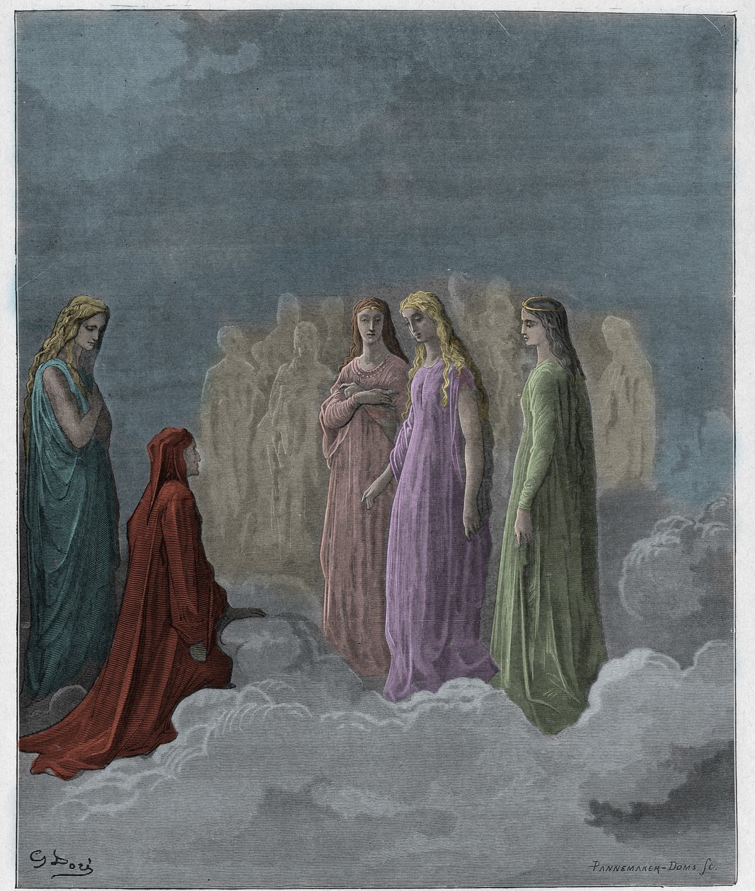 Paradiso, Canto 3: Det første riket: Piccarda Donati og sjelene hvis løfter var brutt, illustrasjon fra The Divine Comedy av Dante Alighieri, 1885 (digitalt farget gravering) av Gustave after Dore