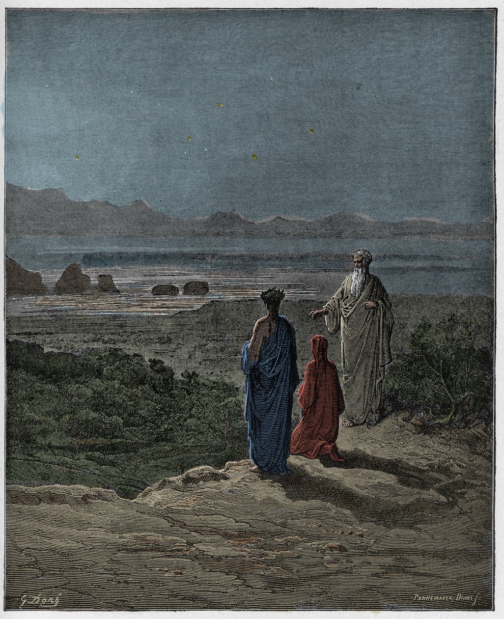 Purgatorio, Canto 1 : Dante kneler foran Statius (Stace), illustrasjon fra The Divine Comedy av Dante Alighieri, 1885 (digitalt farget gravering) av Gustave after Dore
