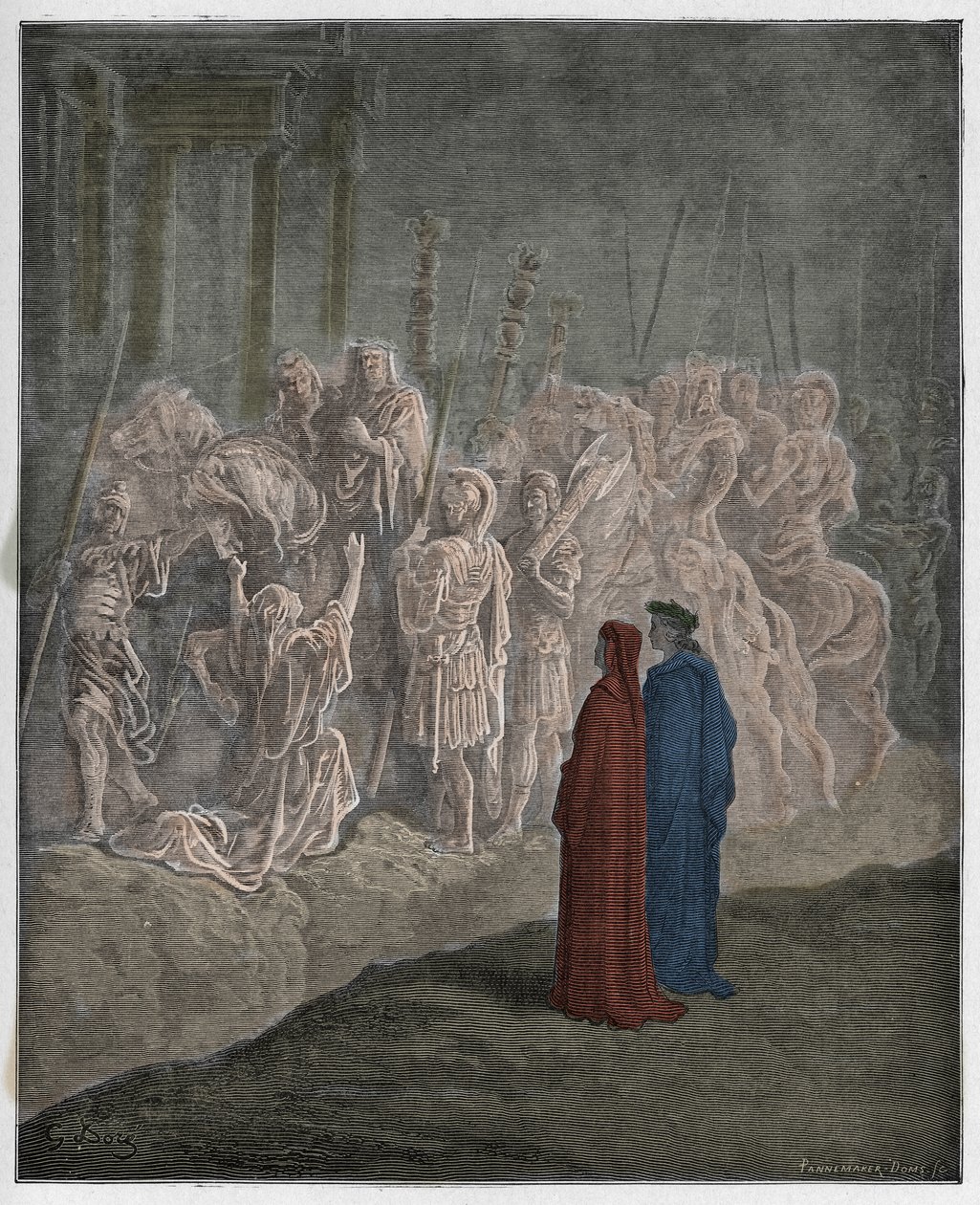 Purgatorio, Canto 10 : Marmorskulpturene som skildrer stolthet, illustrasjon fra The Divine Comedy av Dante Alighieri, 1885 (digitalt farget gravering) av Gustave after Dore