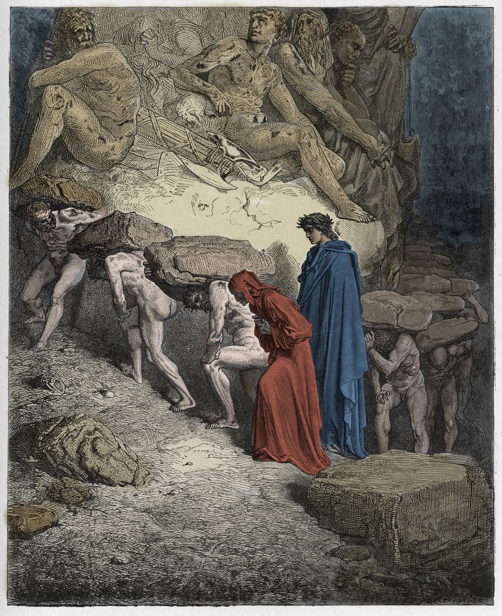 Purgatorio, Canto 11: De stoltes sjeler, bærende tunge steiner, illustrasjon fra The Divine Comedy av Dante Alighieri, 1885 (digitalt farget gravering) av Gustave after Dore