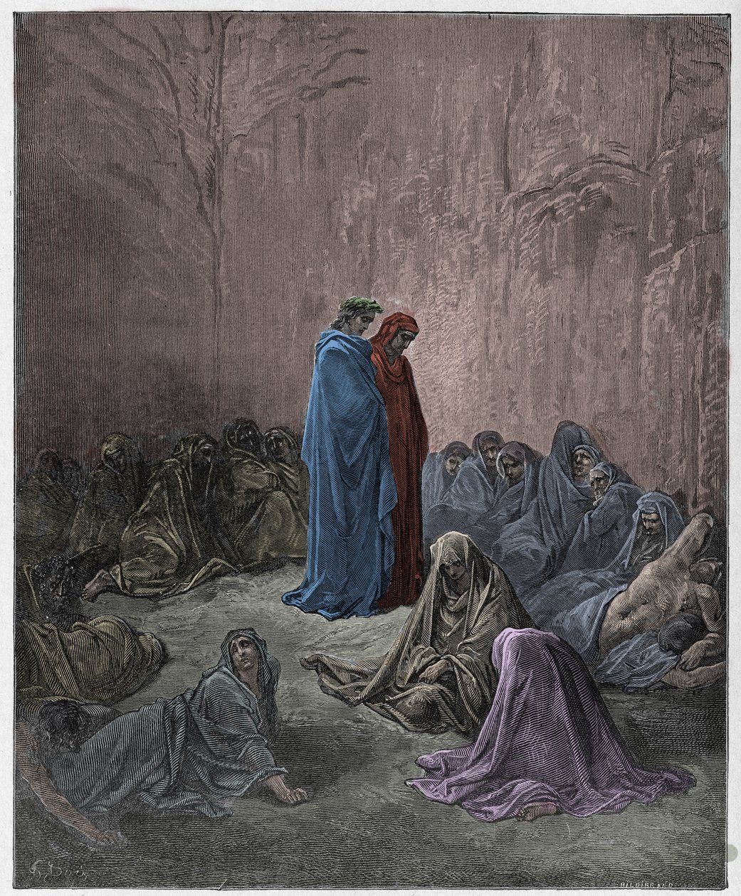 Purgatorio, Canto 13: De misunnelige sjelene, illustrasjon fra The Divine Comedy av Dante Alighieri, 1885 (digitalt farget gravering) av Gustave after Dore