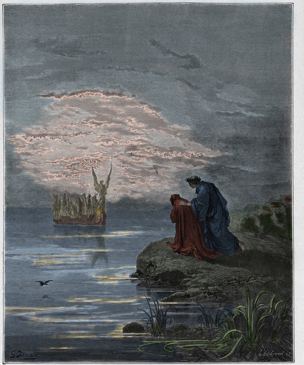 Purgatorio, Canto 2 : Dante bøyer seg for englepiloten, illustrasjon fra The Divine Comedy av Dante Alighieri, 1885 (digitalt farget gravering) av Gustave after Dore