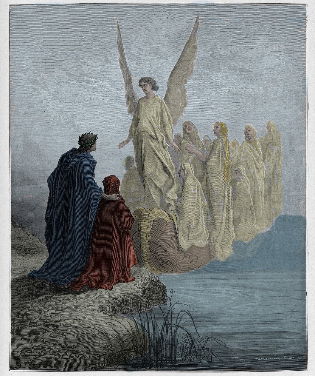 Purgatorio, Canto 2 : Den himmelske piloten lander båten, illustrasjon fra The Divine Comedy av Dante Alighieri, 1885 (digitalt farget gravering) av Gustave after Dore