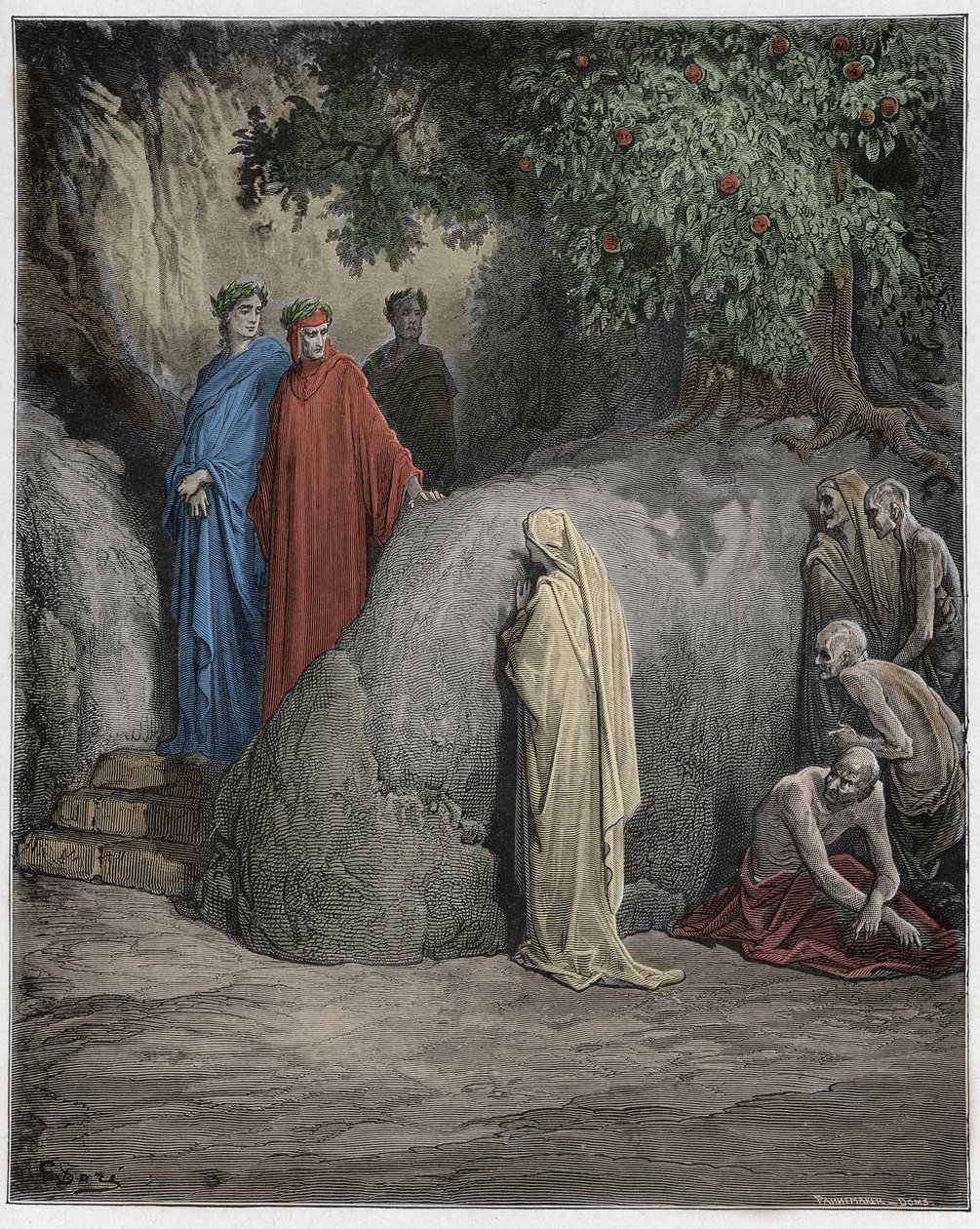 Purgatorio, Canto 23: Dante gjenkjenner skyggen av Forese Donati blant fråtserne, illustrasjon fra The Divine Comedy av Dante Alighieri, 1885 (digitalt farget gravering) av Gustave after Dore