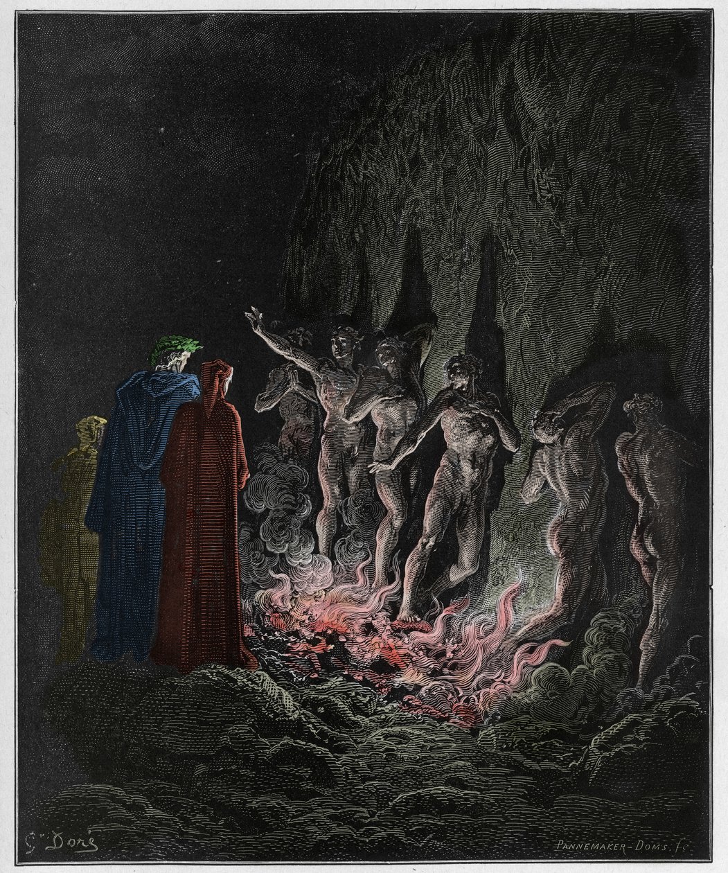 Purgatorio, Canto 25: Den lystne passerer gjennom ild i den syvende sirkel, illustrasjon fra The Divine Comedy av Dante Alighieri, 1885 (digitalt farget gravering) av Gustave after Dore