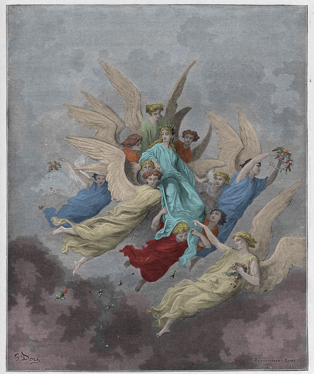 Purgatorio, Canto 30: Beatrice blant englene, illustrasjon fra The Divine Comedy av Dante Alighieri, 1885 (digitalt farget gravering) av Gustave after Dore