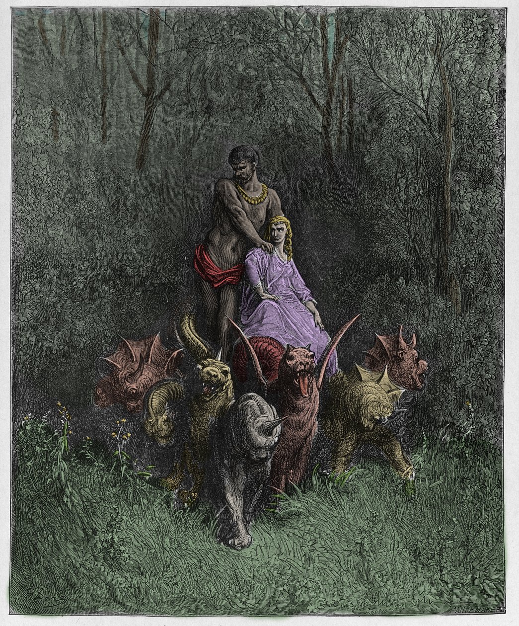 Purgatorio, Canto 32: Kjempen og skjøgen i vognen, illustrasjon fra The Divine Comedy av Dante Alighieri, 1885 (digitalt farget gravering) av Gustave after Dore