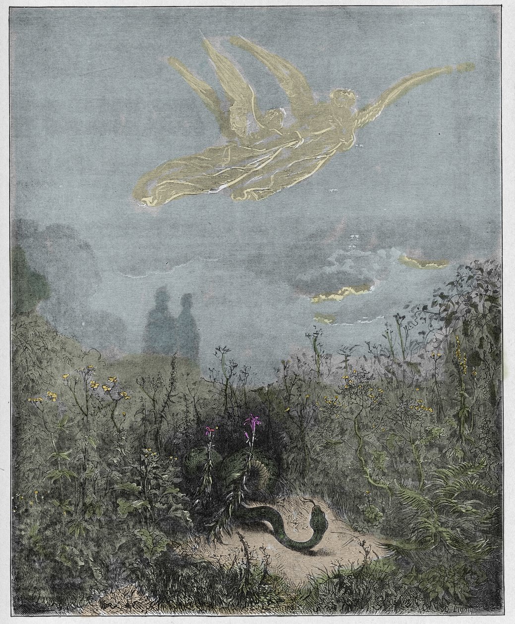 Purgatorio, Canto 8: Englene driver slangen bort, illustrasjon fra The Divine Comedy av Dante Alighieri, 1885 (digitalt farget gravering) av Gustave after Dore