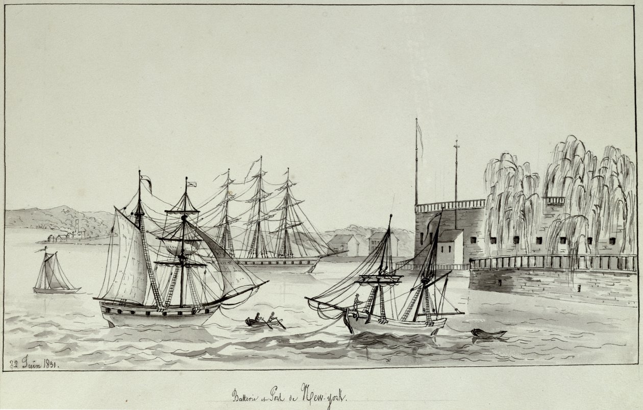 The Battery and Port of New York, 1831 (penn og blekk og wc på papir) av Gustave de Beaumont