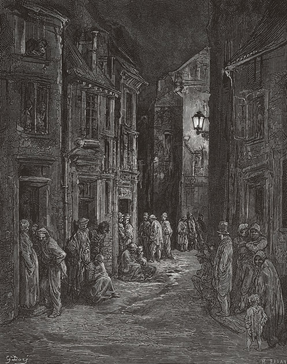 Bluegate Fields slumkvarter, London på 1800-tallet. (skrive ut) av Gustave (after) Dore