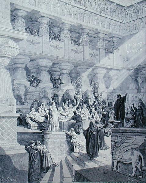 Daniel tolker skriften på veggen, gravert av A. Ligny, ca. 1868 (gravering) av Gustave (after) Dore