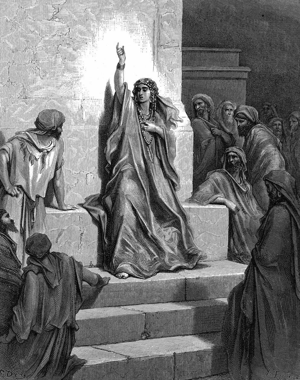 Deborah, hebraisk profetinne som reddet sitt folk fra Jabin, Kanaans konge, og hans general Sisera, og sang hennes triumfsang. Dommerne 5:1. 1200-tallet f.Kr. Fra Gustave Dores illustrerte bibel 1866. Trestikk. av Gustave (after) Dore