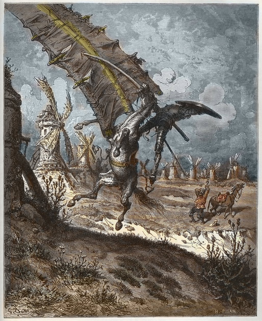 Don Quixote and the Windmills fra "Don Quixote de la Mancha" av Miguel Cervantes (1547-1616) (Don Quixote) - gravert av Heliodore Joseph Pisan (1822-90) etter tegning av Gustave Dore av Gustave (after) Dore