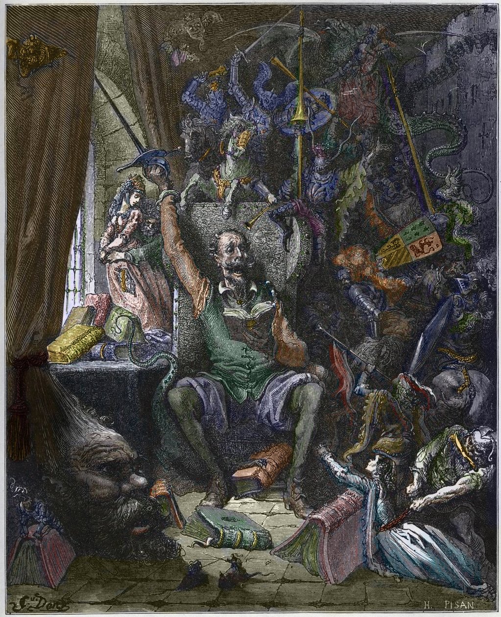 Don Quixote in his study surrounded by the phantoms of his daydreams - Don Quixote de la Mancha 