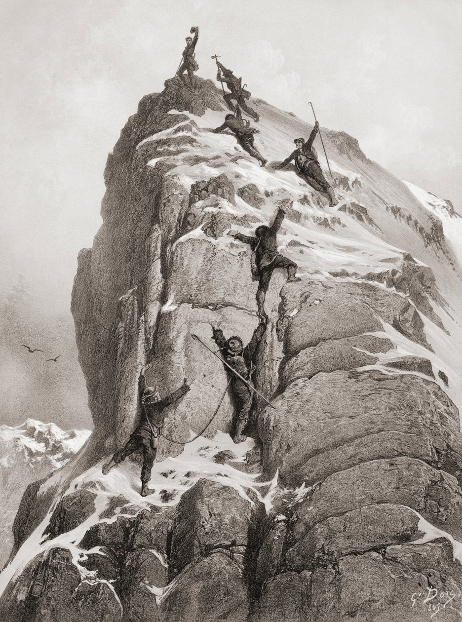 Første bestigning av Matterhorn (gravering) av Gustave (after) Dore