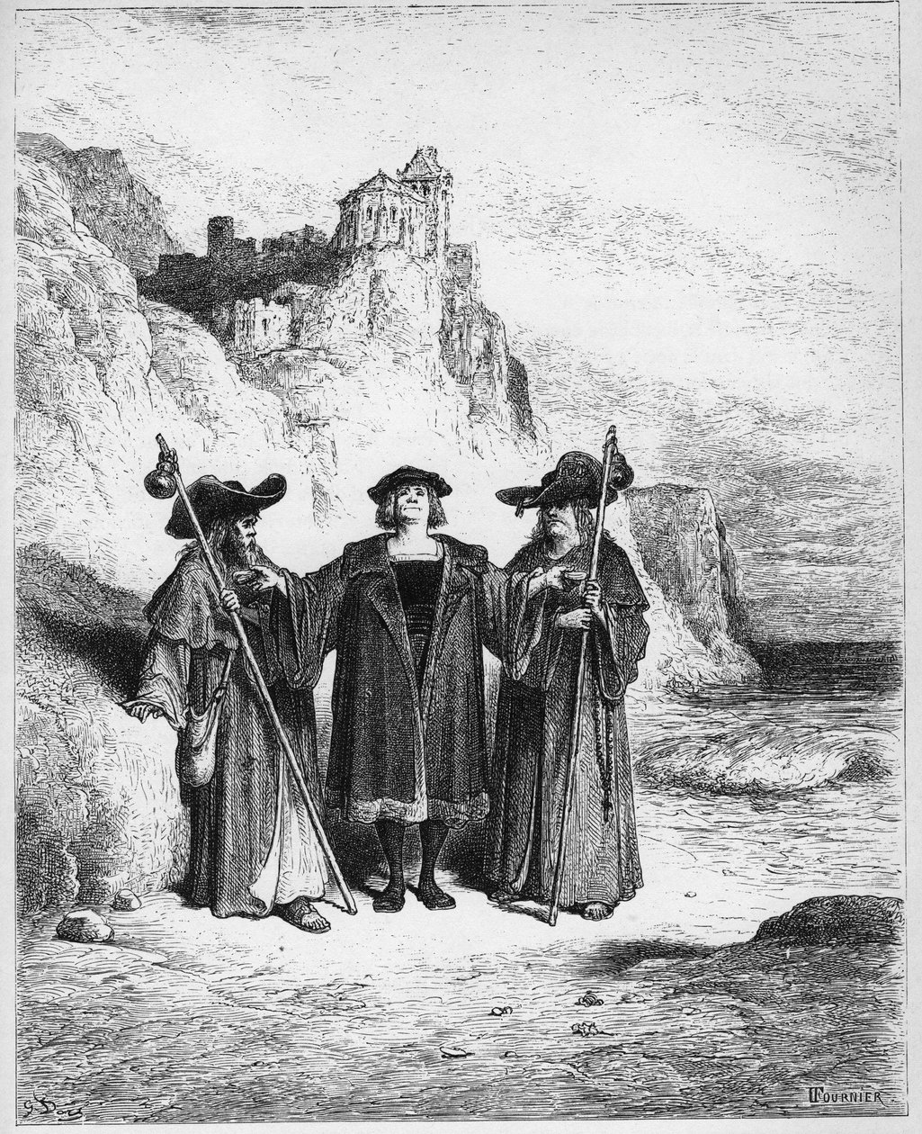 The Oyster and the Litigants - The Oyster and the Litigants - fra 'Fables' av Jean de La Fontaine (Lafontaine) (1621-95) - gravering etter Gustave Dore (1832-83) - Privat samling av Gustave (after) Dore