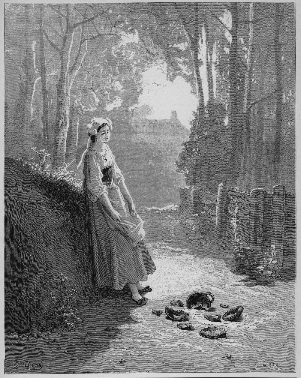 La laitiere et le jug a lait - Melkejenta og spann hennes - fra 'Fables' av Jean de La Fontaine (Lafontaine) (1621-95) - gravering etter Gustave Dore (1832-83) - Privat samling av Gustave (after) Dore